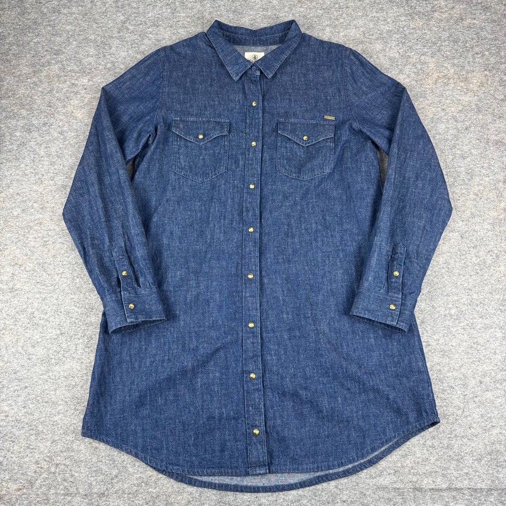 Volcom Snap Front Denim Shirt Dress Pockets Cotton Blue Womens XL